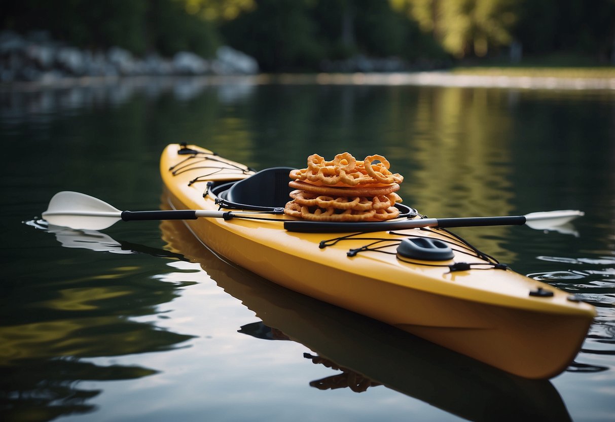 A colorful kayak on calm water, with a paddle resting on the side. A small bag of Snyder's of Hanover Mini pretzels sits on the kayak's deck, surrounded by other snacks