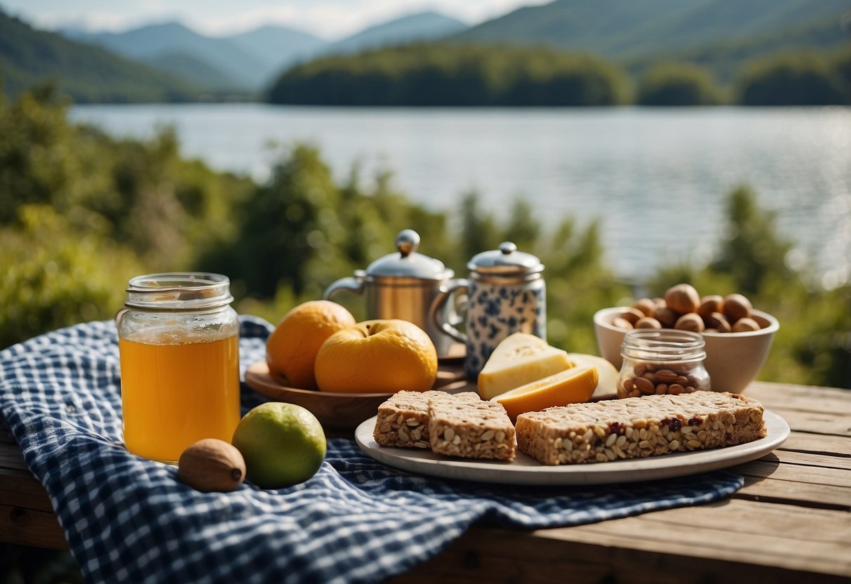 A picnic blanket spread with an assortment of fresh fruits, nuts, and energy bars. A water bottle and a thermos of hot tea sit nearby. The backdrop is a serene river or lake surrounded by lush greenery