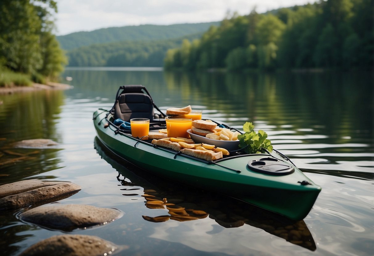 A kayak loaded with a variety of snacks, neatly packed in waterproof containers, and secured with bungee cords. The backdrop is a serene river or lake with lush greenery