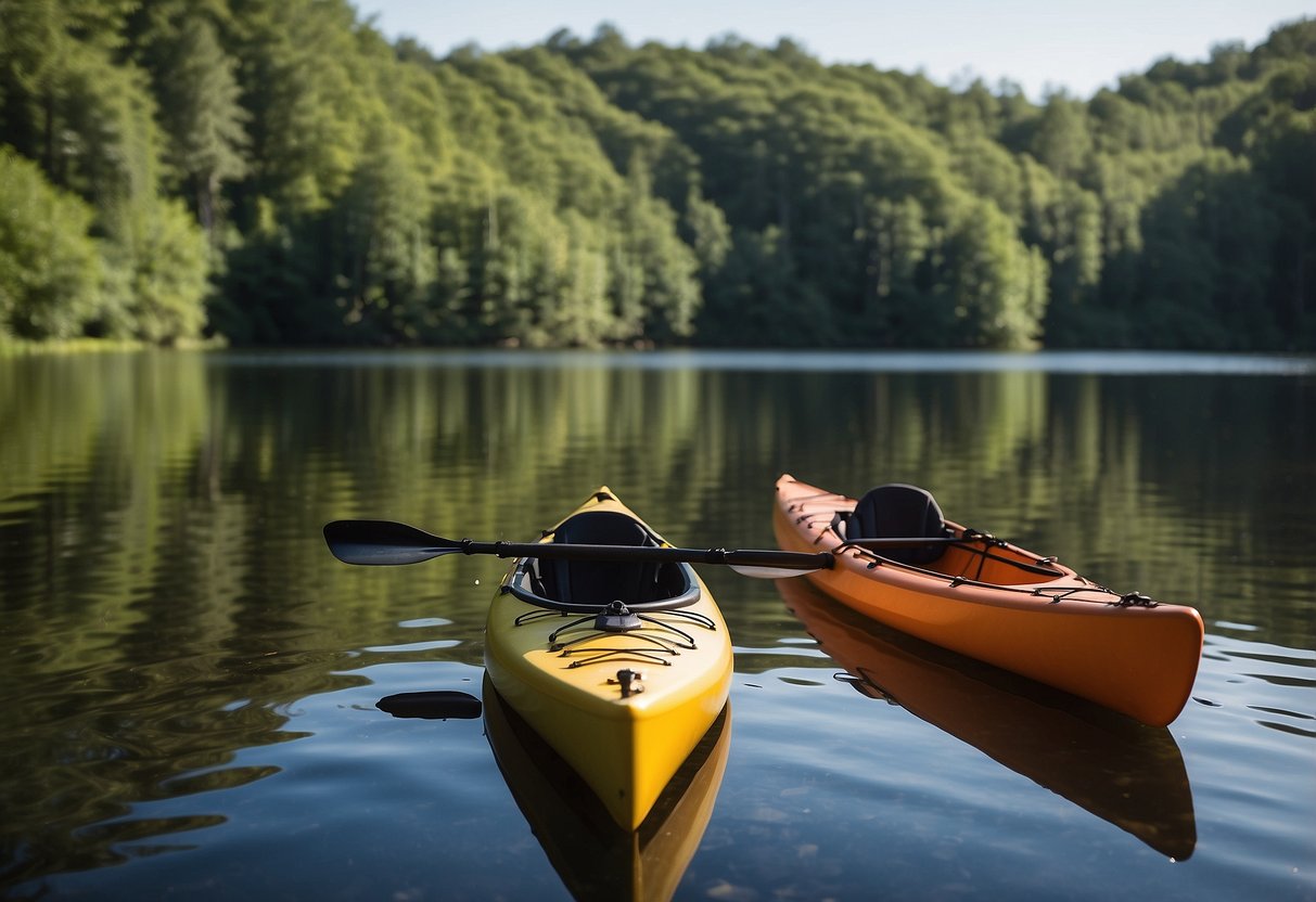 A kayak and a canoe on calm water, surrounded by lush greenery and clear blue skies. Safety gear such as life jackets, paddles, and a first aid kit are visible nearby