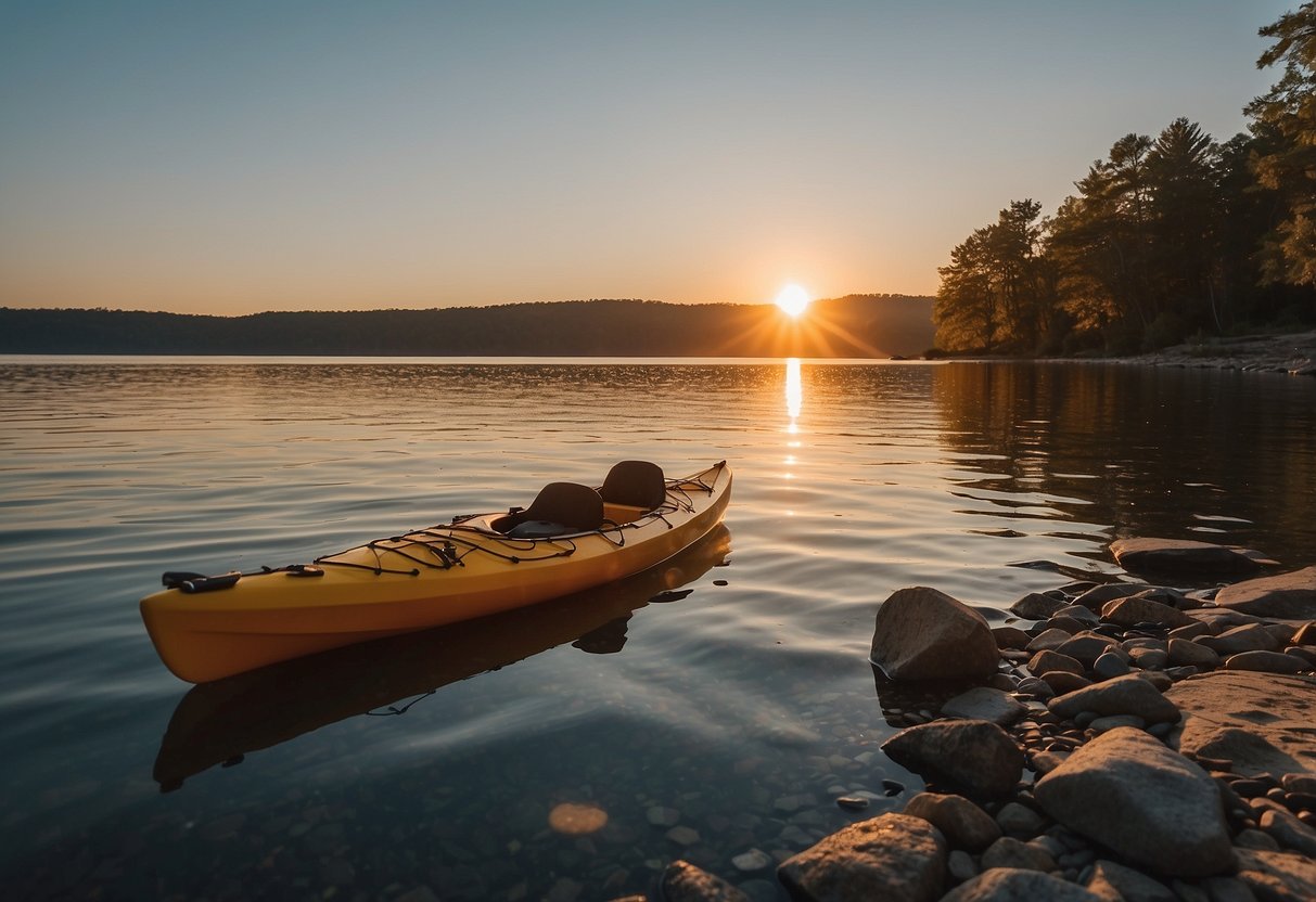 The sun sets over calm waters, with a clear sky and gentle breeze. A kayak and canoe sit on the shore, surrounded by safety gear