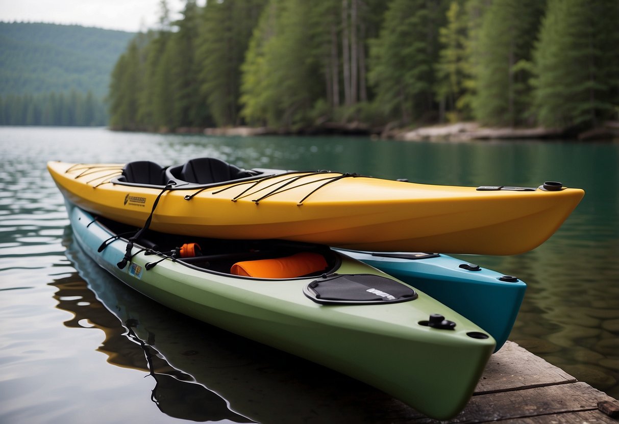 A kayak and a canoe are tied securely to a dock, with life jackets and paddles nearby. A map and communication device sit on a nearby table