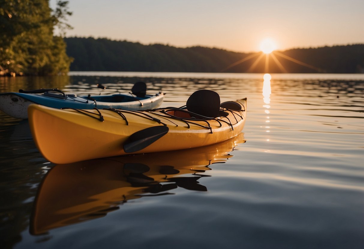 A kayak and canoe sit on the calm water, with a whistle resting on the edge. The sun sets in the background as the scene exudes a sense of peace and tranquility