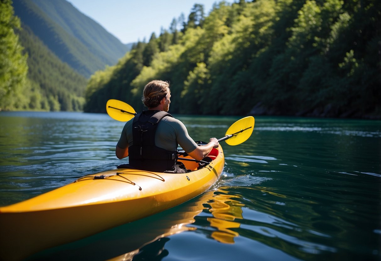 A solo kayaker paddling through calm waters, surrounded by lush greenery and clear blue skies. A water bottle and safety gear are visible in the kayak