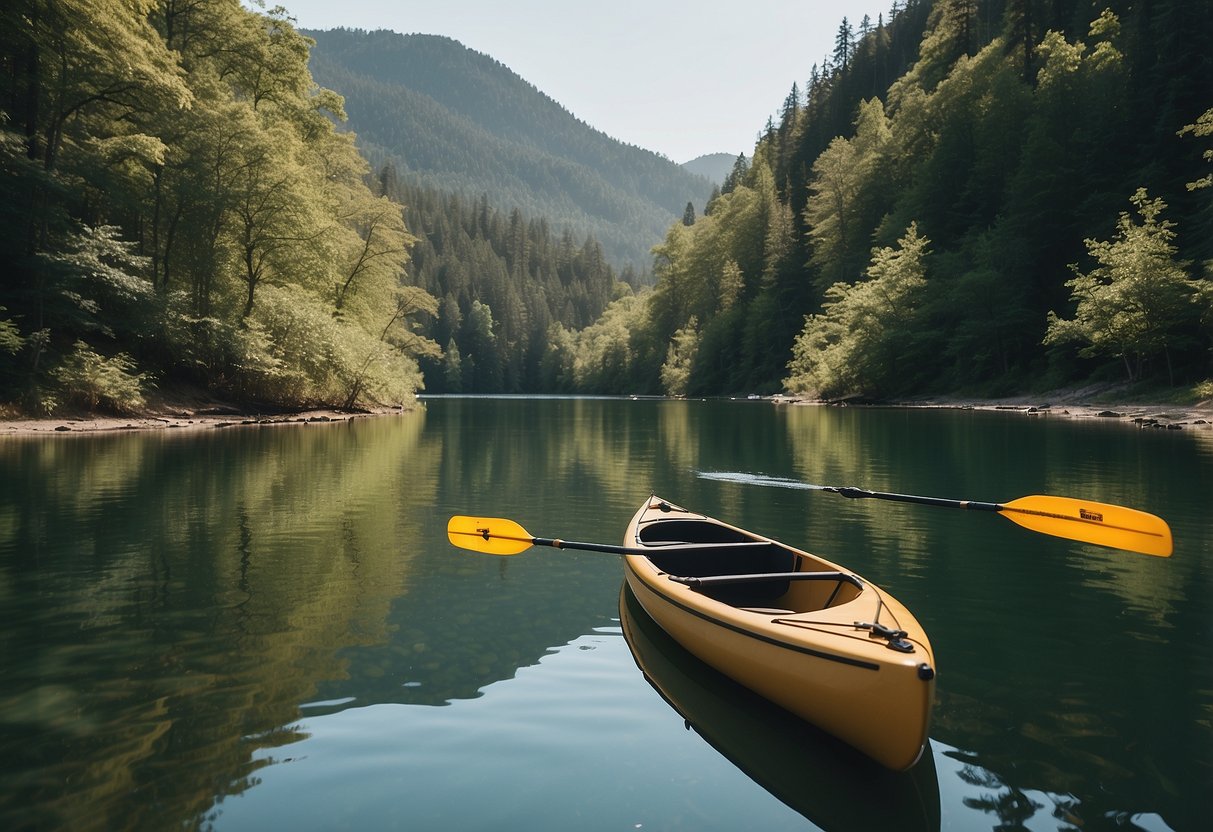 A serene river with lush greenery, clear water, and diverse wildlife. Canoe and kayak floating peacefully, with reusable water bottles and eco-friendly gear on board