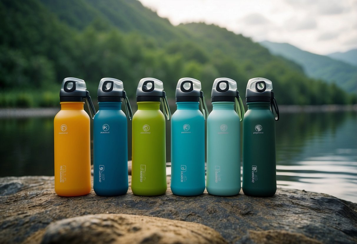 Five reusable water bottles arranged with eco-friendly paddling gear in a natural setting