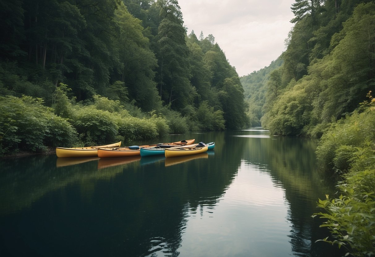 A serene river winding through lush greenery, with a clear sign indicating "Designated Route Only." Canoes and kayaks gliding peacefully through the water, surrounded by untouched nature