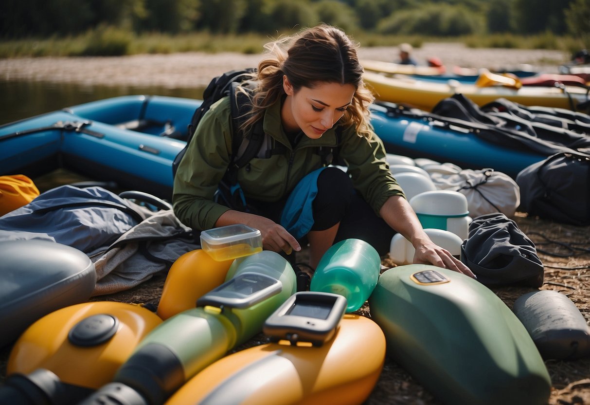 A person selecting eco-friendly gear for a paddling trip, including reusable water bottles, biodegradable sunscreen, and sustainable clothing