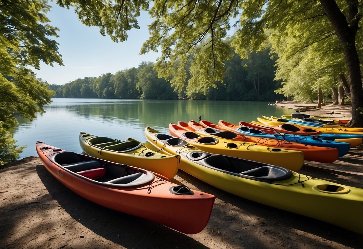 A calm river with a variety of kayaks and canoes lined up on the shore, surrounded by lush green trees and a clear blue sky