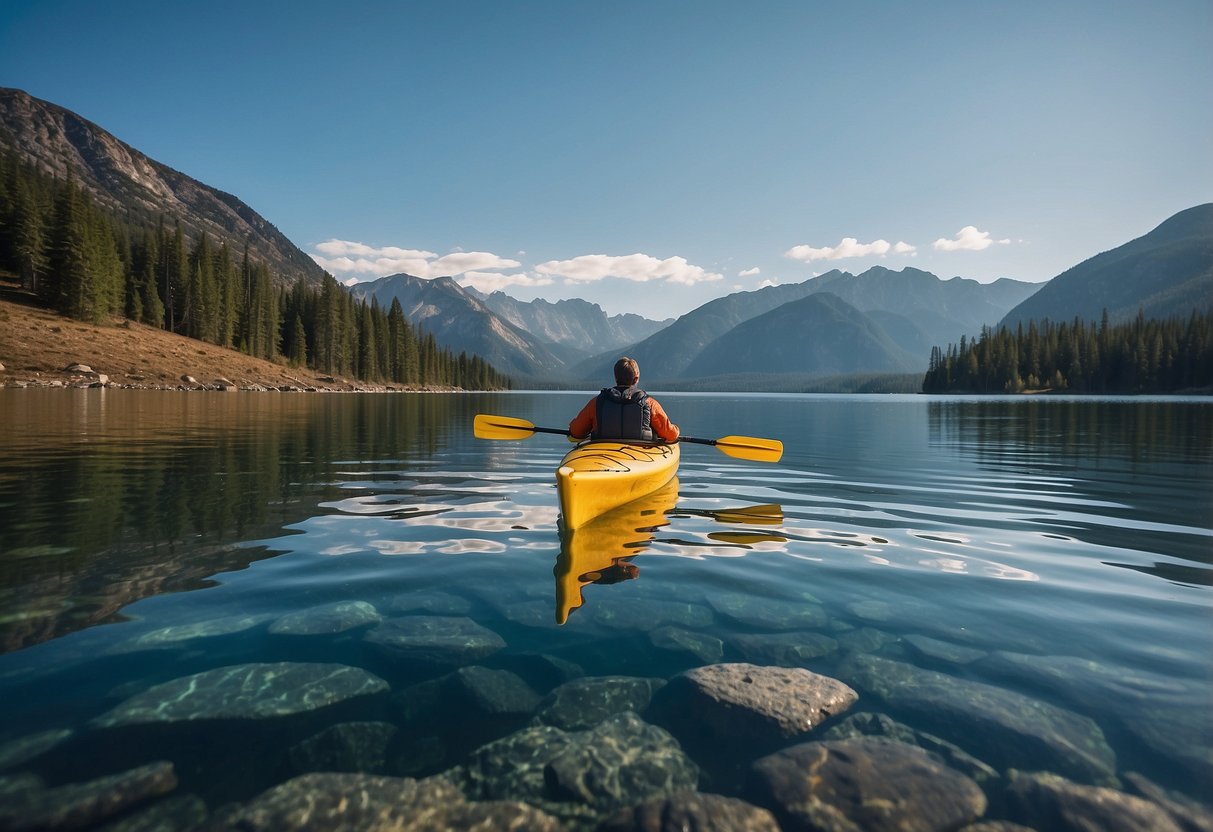 A calm lake with a mountain backdrop, showcasing the Advanced Elements AdvancedFrame 10 kayak and canoe. Clear blue skies and gentle ripples on the water complete the serene setting