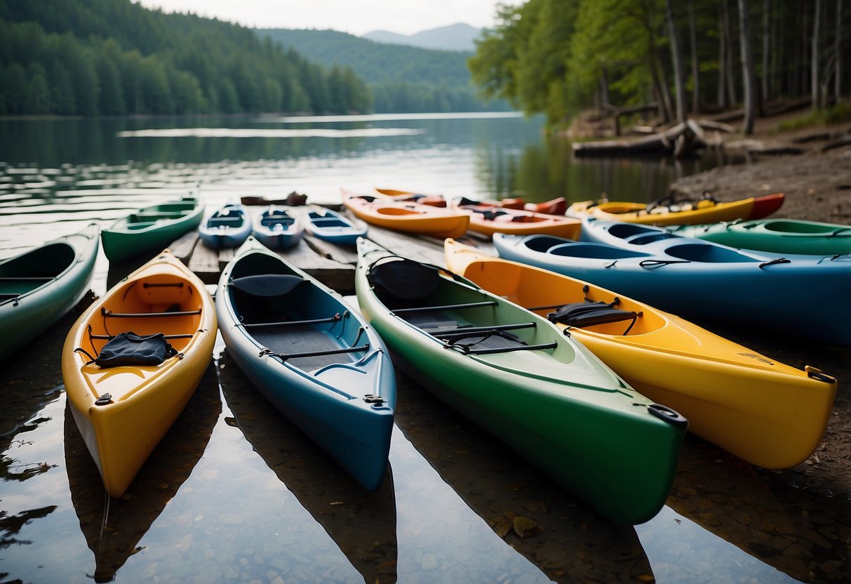 A collection of kayaks and canoes arranged on a calm waterfront, with safety gear like life jackets and paddles nearby. The scene is peaceful and inviting, with a sense of adventure and exploration