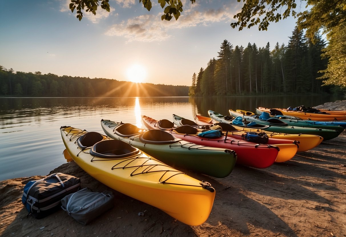 A group of kayaks and canoes are loaded with camping gear and supplies on a riverbank. Maps and navigation tools are laid out, and the sun is setting in the background