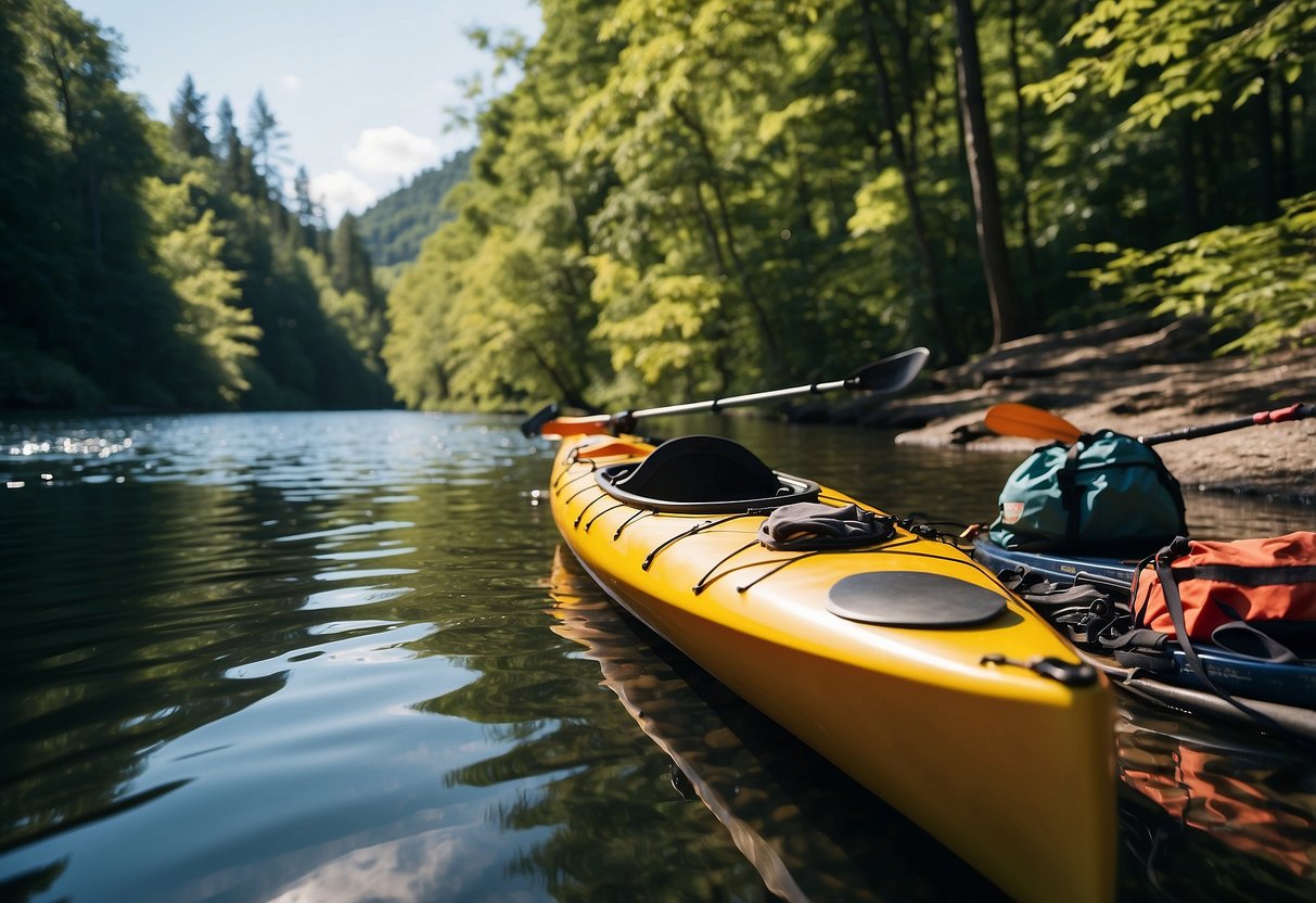 A kayak loaded with camping gear and supplies on a calm river, surrounded by lush green trees and a clear blue sky