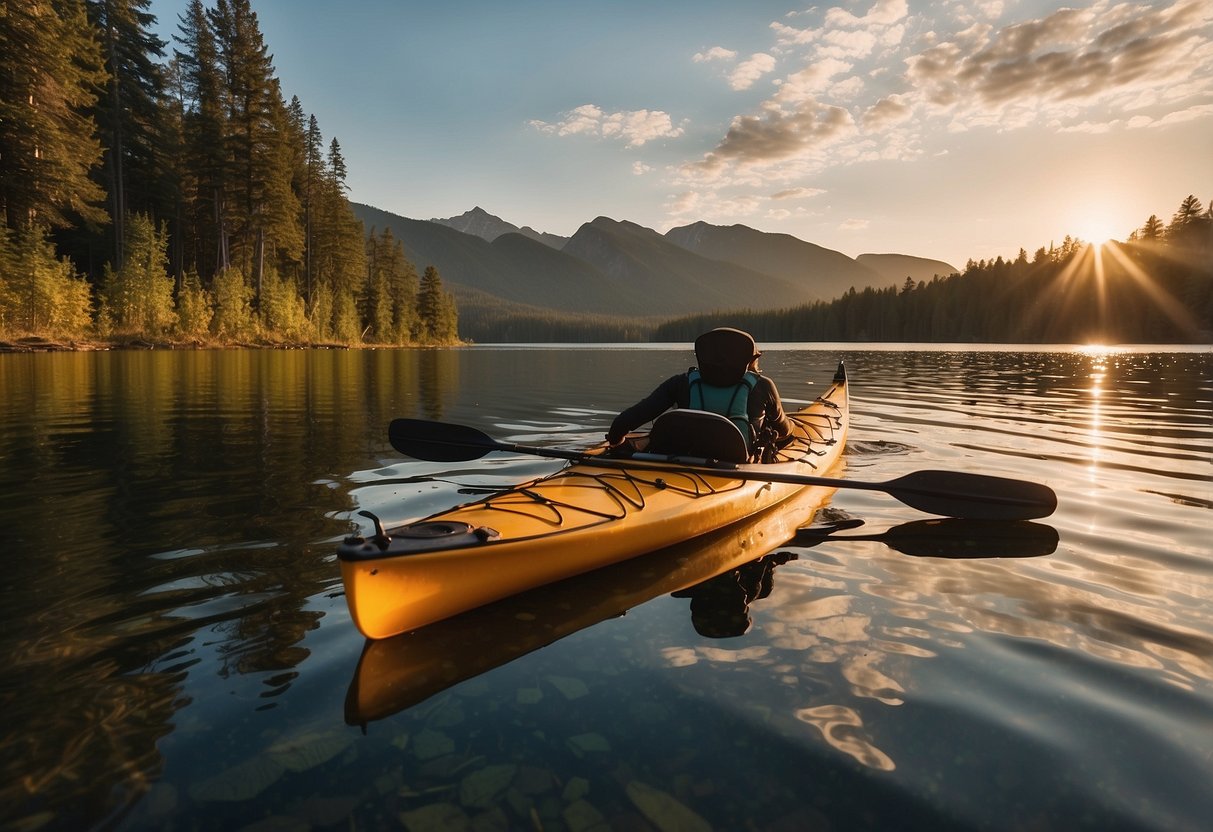 A kayak and canoe are loaded with camping gear, maps, and navigation tools. The sun sets over a calm lake, surrounded by lush greenery and distant mountains