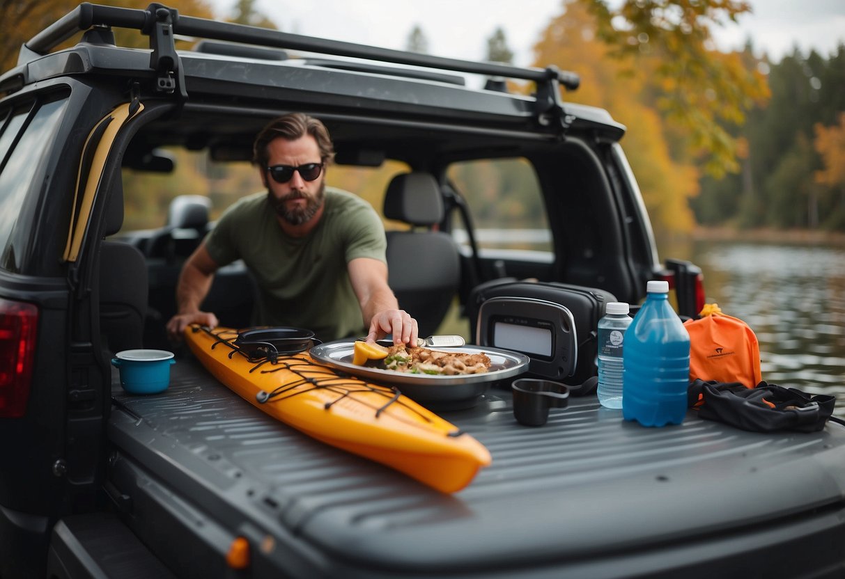 A person writes notes on a map, packs gear, checks weather, and loads a kayak onto a car roof rack. They prepare food and water, and secure permits and emergency contacts