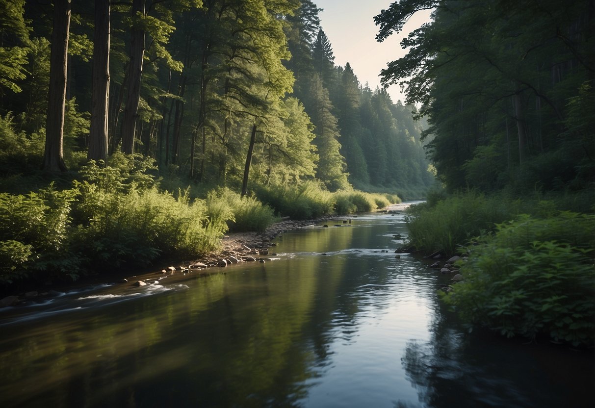 A serene river flows through a lush forest, home to various wildlife. Birds soar overhead, while deer graze along the banks. The water is calm, perfect for a multi-day kayaking or canoeing trip