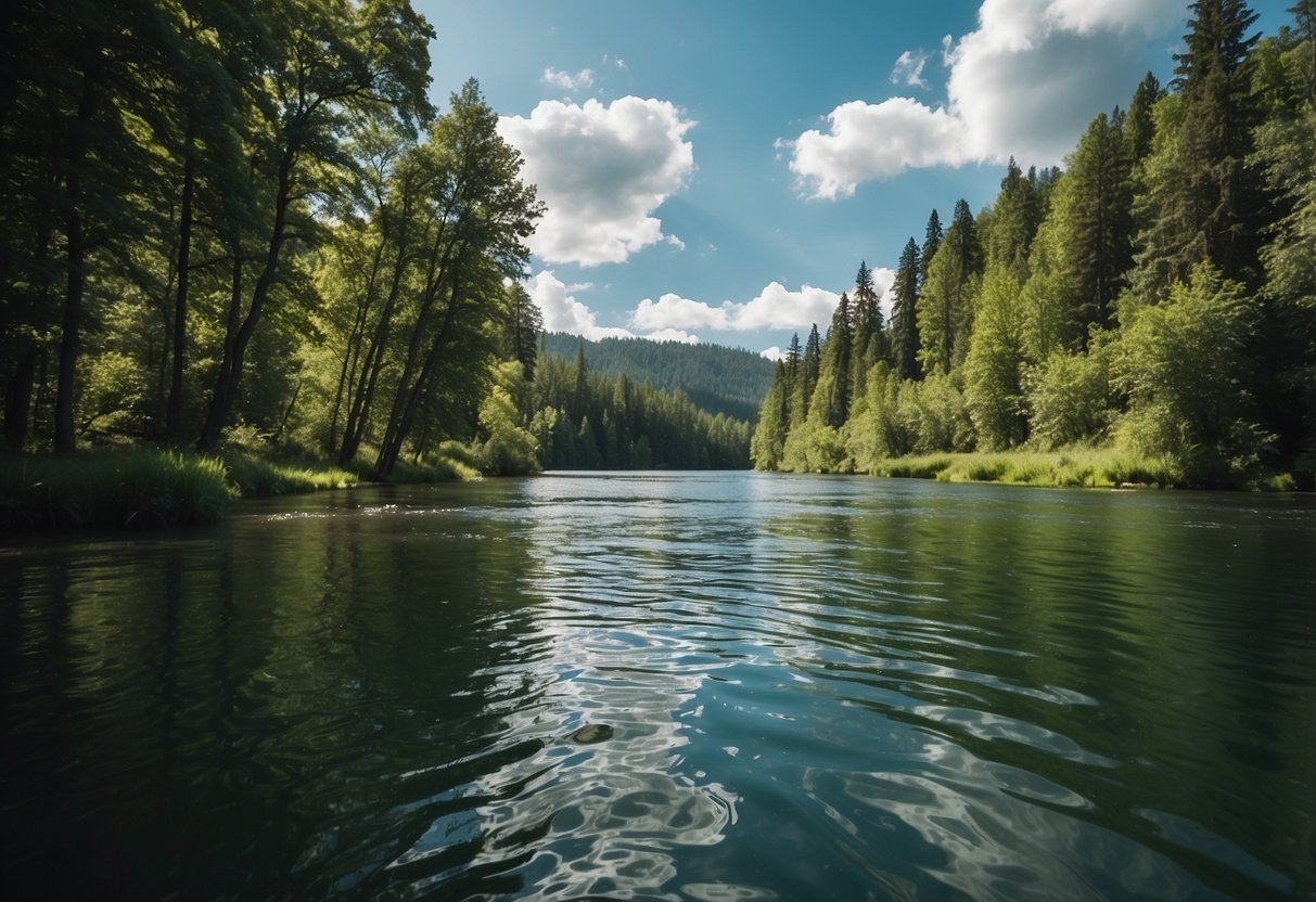 A serene river flows through a lush, green landscape. The water is calm, with gentle ripples and clear visibility. Surrounding trees provide shade, and the sky is clear, indicating ideal weather conditions for a multi-day kayaking or canoeing trip