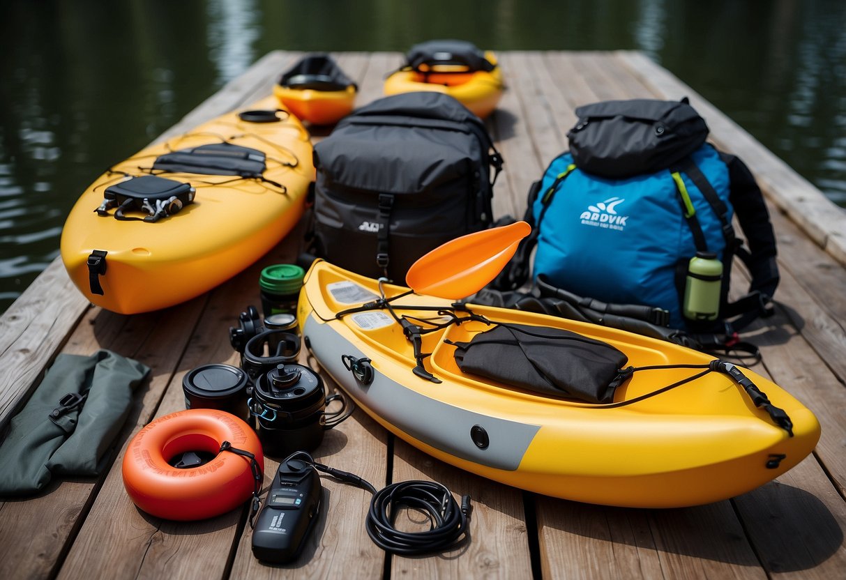 Gear and equipment laid out neatly on a wooden dock, including kayaks, paddles, life jackets, dry bags, and camping supplies