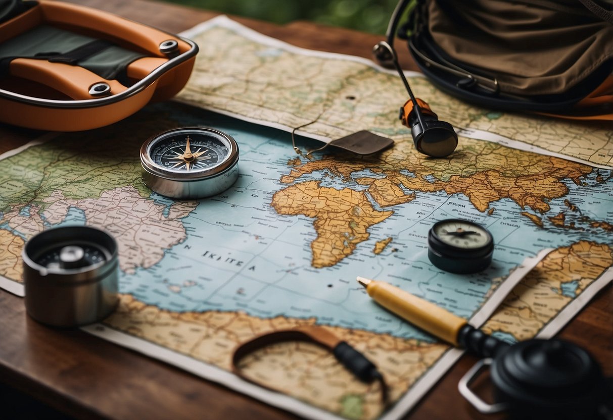 A map spread out on a table with a compass, pencil, and notebook. A kayak and canoe are depicted on the map, surrounded by camping gear and supplies