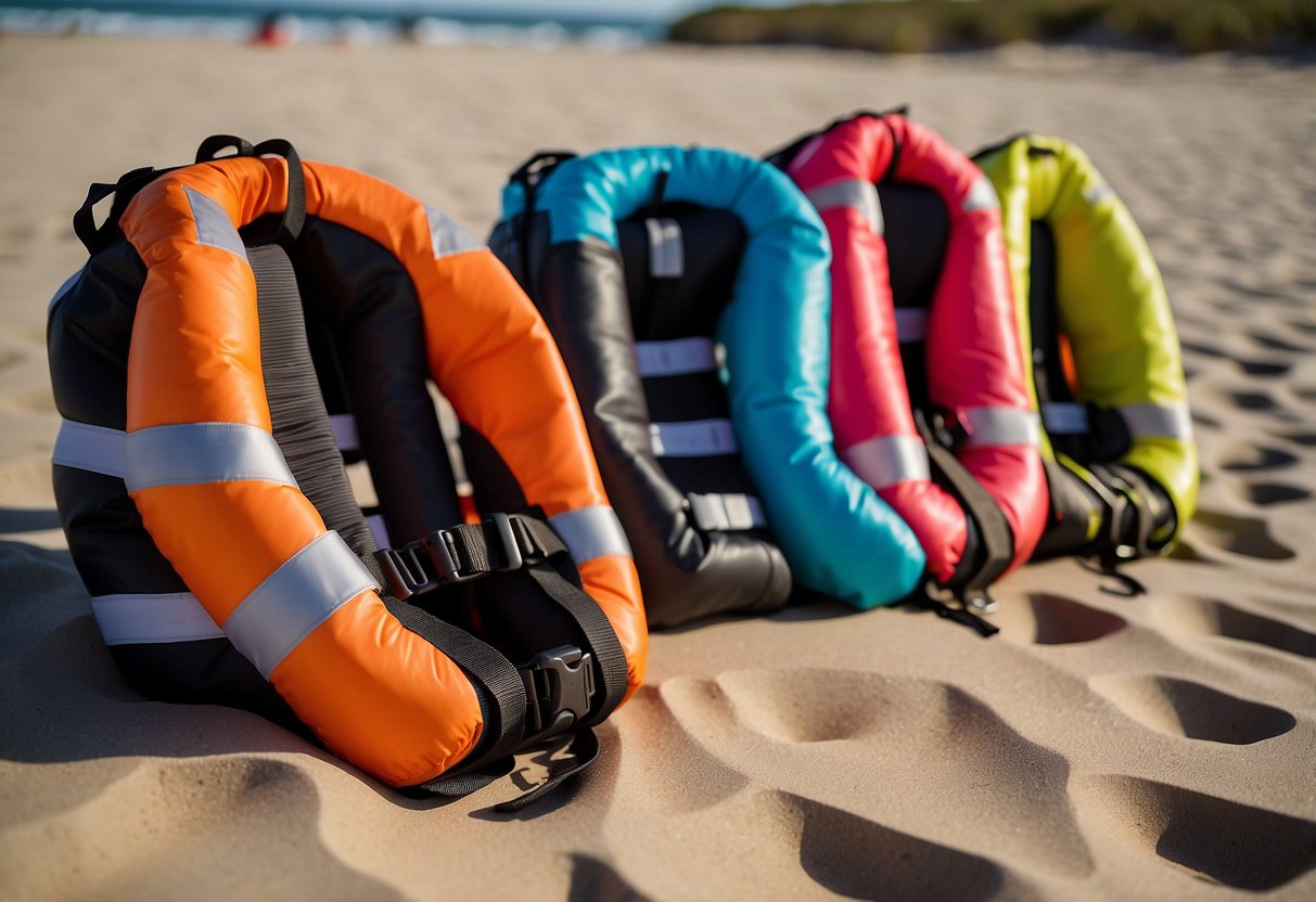 Five vibrant life jackets arranged in a row on a sandy beach with a calm ocean in the background. Each jacket is brightly colored and equipped with reflective strips for safety