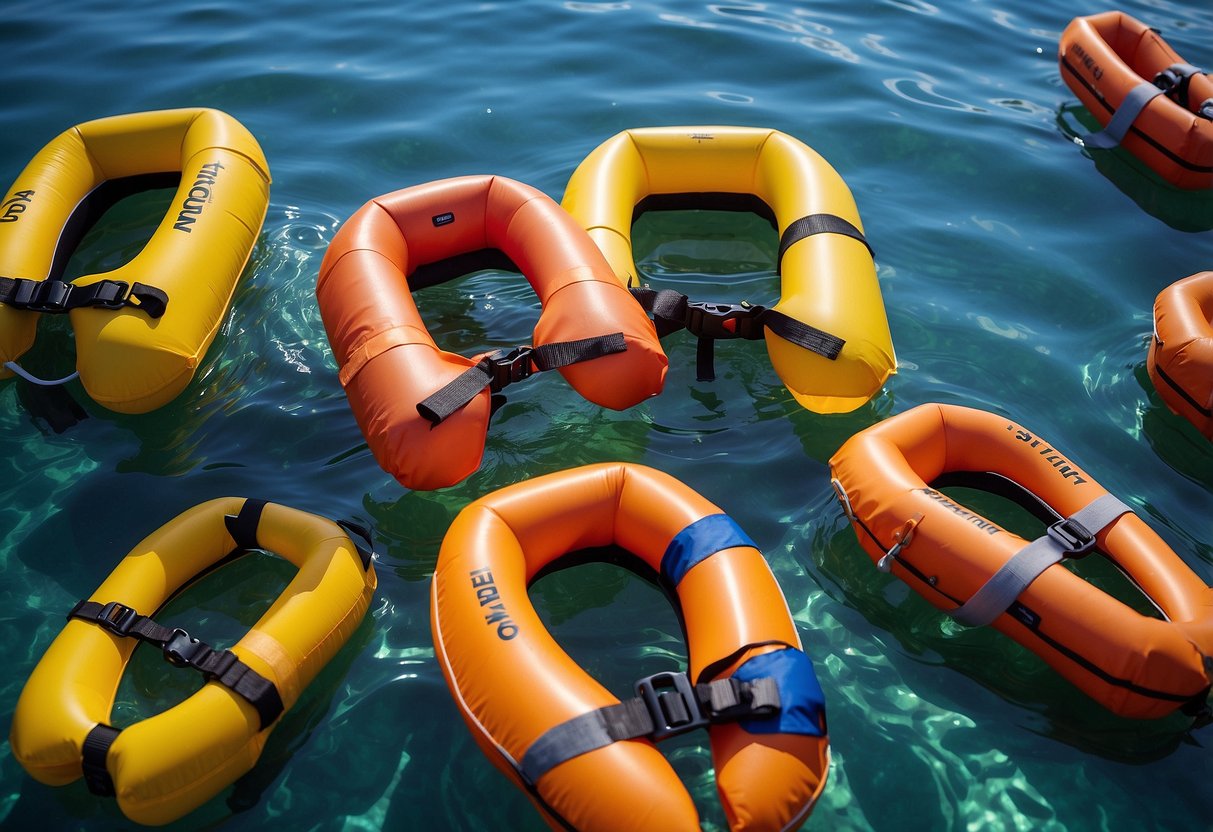 A Stohlquist Fit Adult PFD floats on calm water, surrounded by other safety life jackets. Bright colors and reflective strips stand out against the blue background