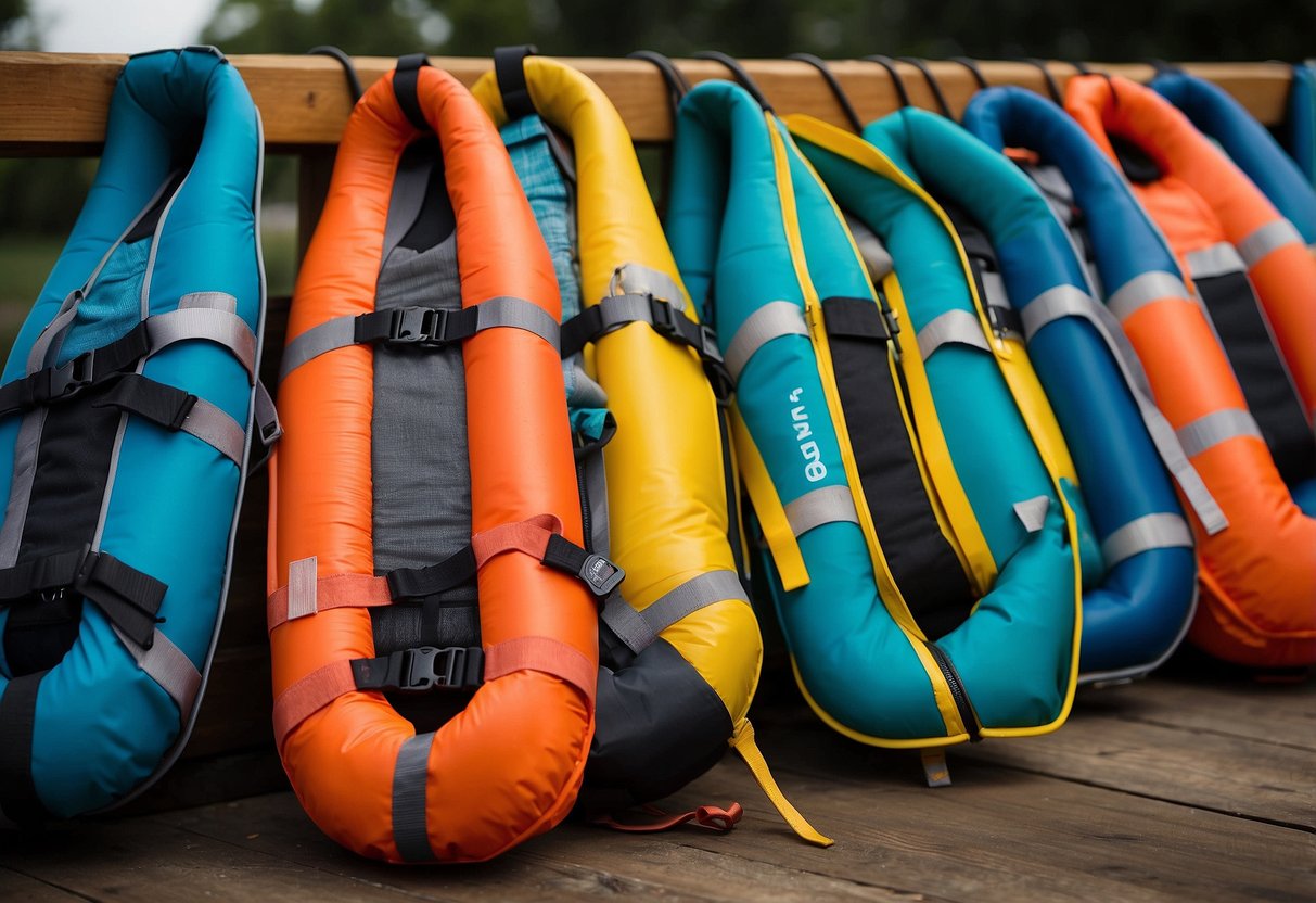 Brightly colored life jackets arranged in a neat row, with the O'Brien Men's Biolite Traditional 5 at the center, showcasing its safety features