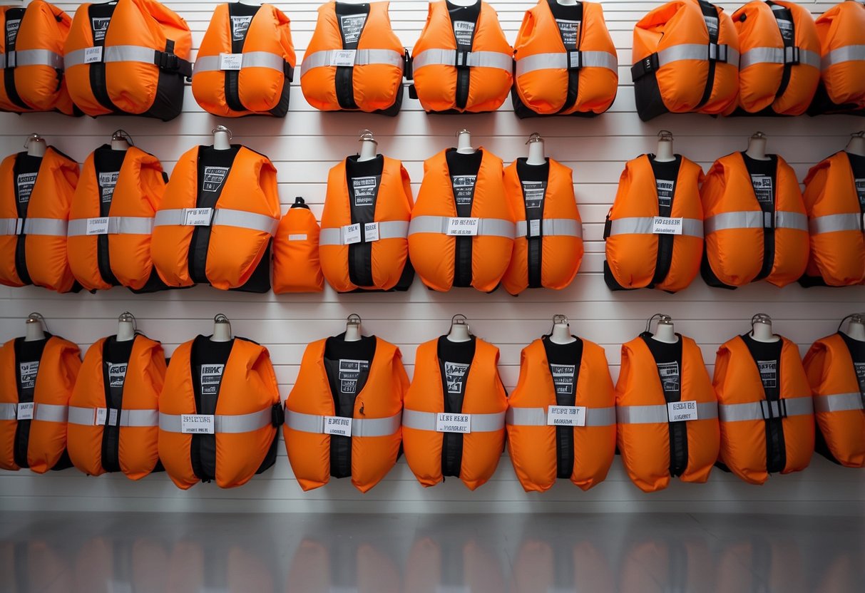 Bright orange life jackets arranged in a neat row on a white background, with safety labels and reflective strips clearly visible