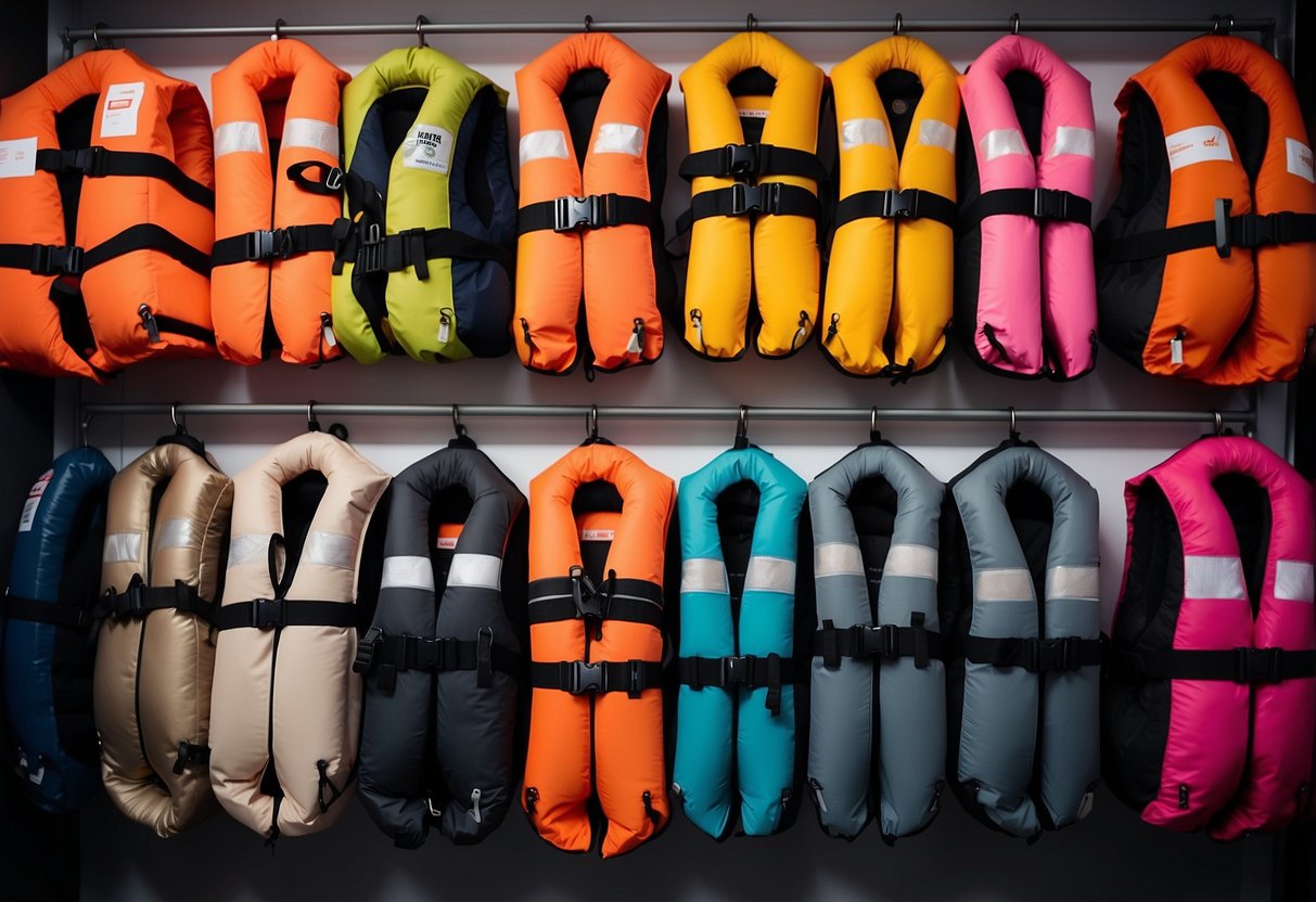 A variety of life jackets arranged on a display stand, each with different features highlighted. Text labels showcase the "5 Best Life Jackets for Safety."