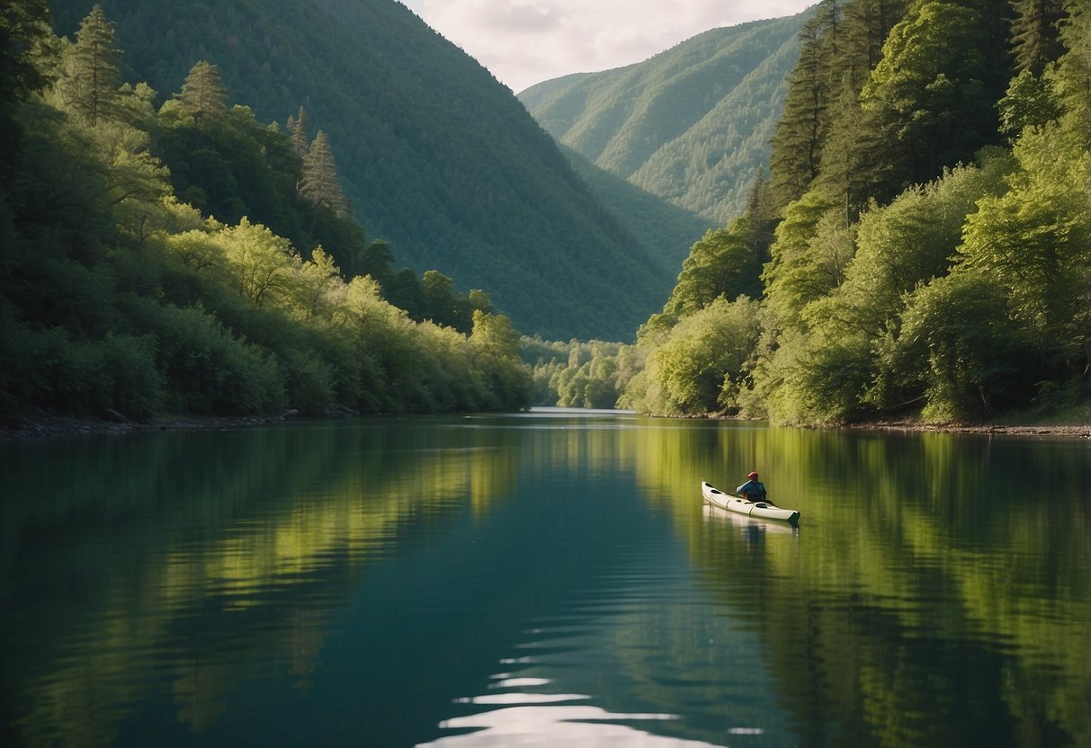 A serene river winds through lush green mountains, with a lone kayak gliding peacefully on the water, surrounded by vibrant flora and the sounds of nature