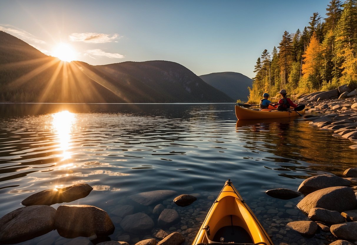 The sun sets over the tranquil waters of Saguenay Fjord, casting a warm glow on the rugged cliffs and lush forests that line the shore. Kayaks and canoes glide peacefully through the calm, mirror-like surface, creating gentle ripples