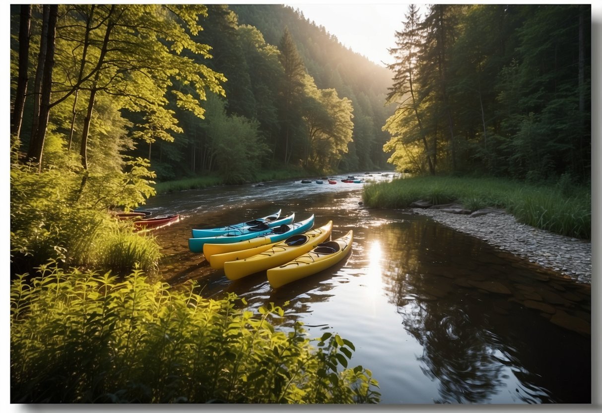 A serene river winds through a lush forest, with colorful kayaks and canoes gliding peacefully on the water. The sun casts a warm glow over the scene, highlighting the natural beauty of the surrounding landscape