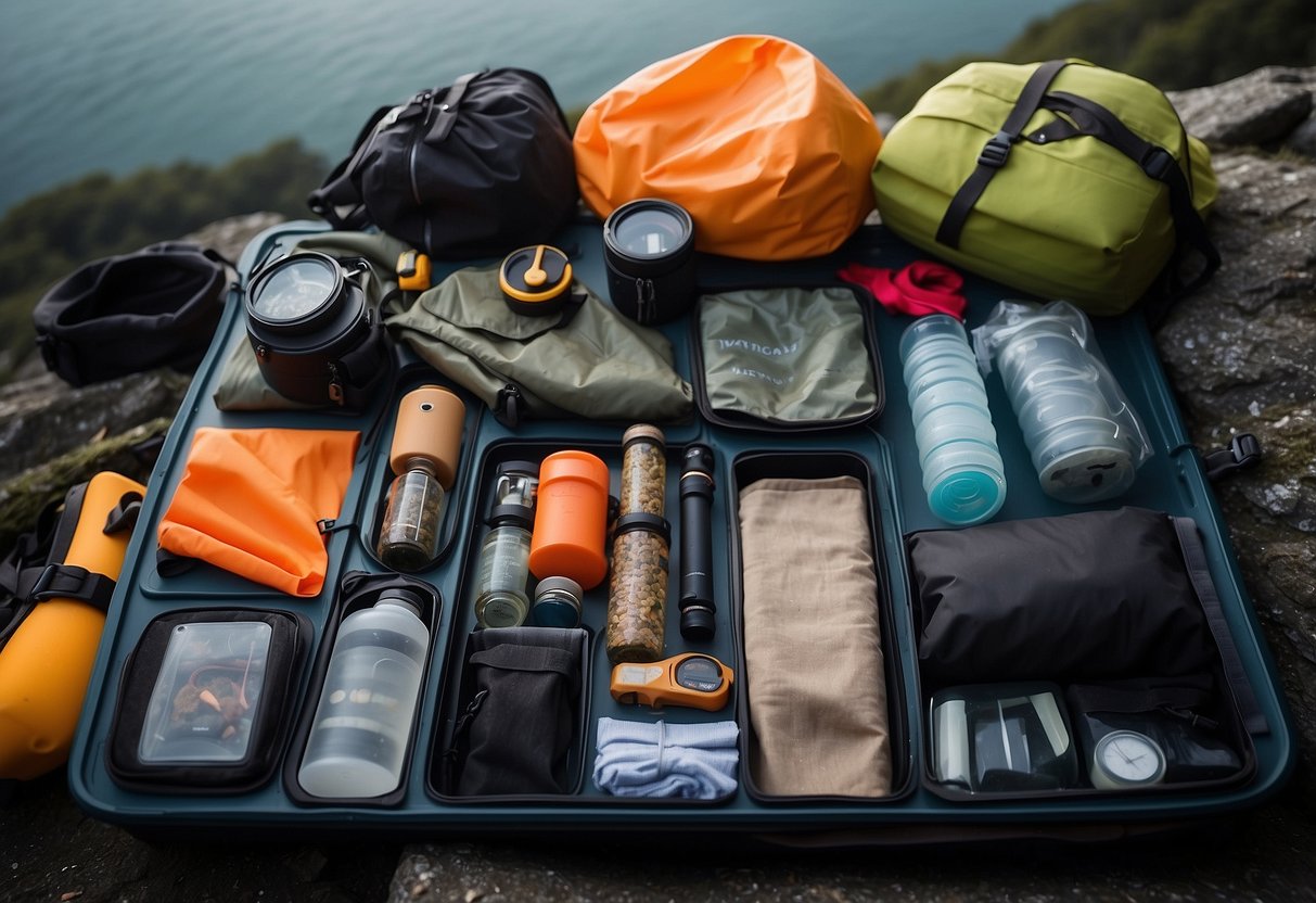 Paddling gear neatly organized in a waterproof bag. Clothes rolled tightly, food in sealed containers, and essential items easily accessible. Map and compass visible for navigation