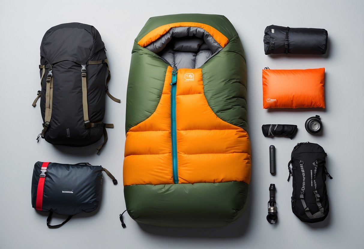 A compact sleeping bag rests beside neatly packed paddling gear, ready for an efficient and organized adventure