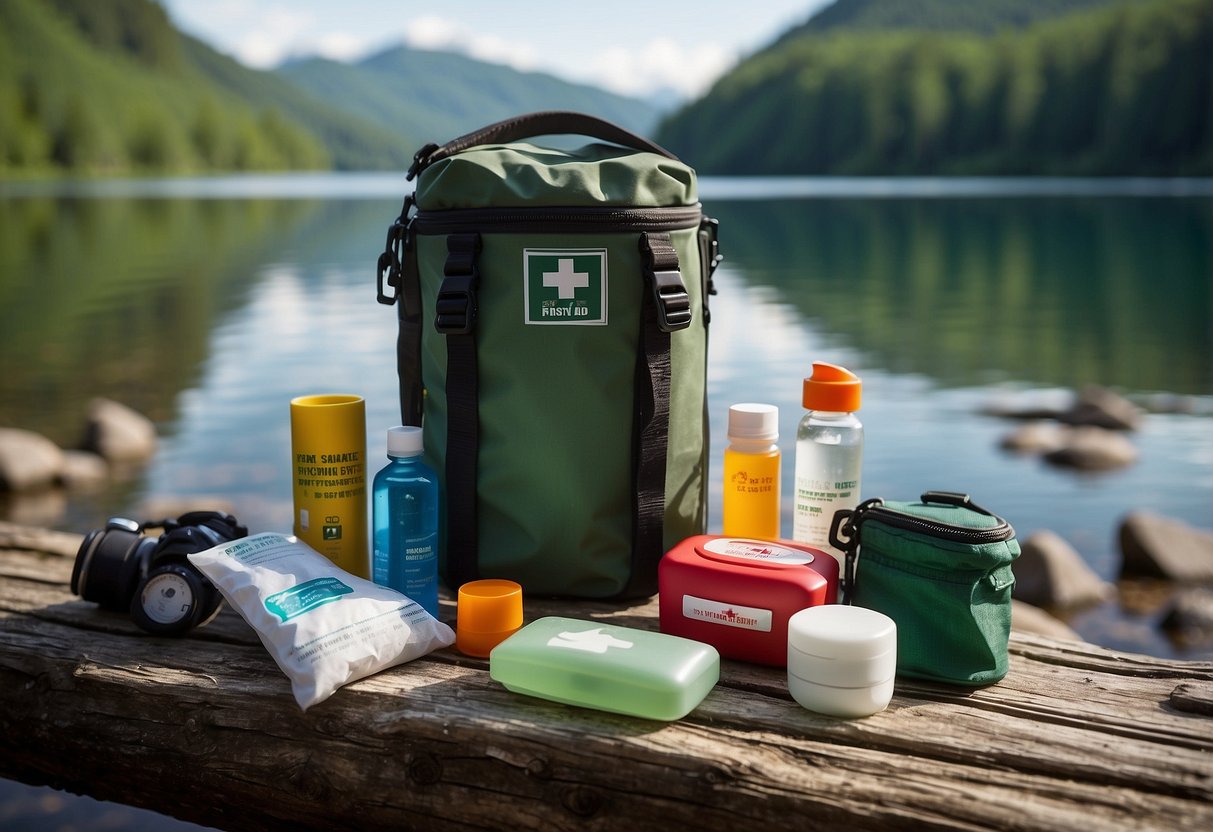 A compact first aid kit sits next to neatly packed paddling gear, including a dry bag and water bottle, against a backdrop of a serene lake and lush green trees