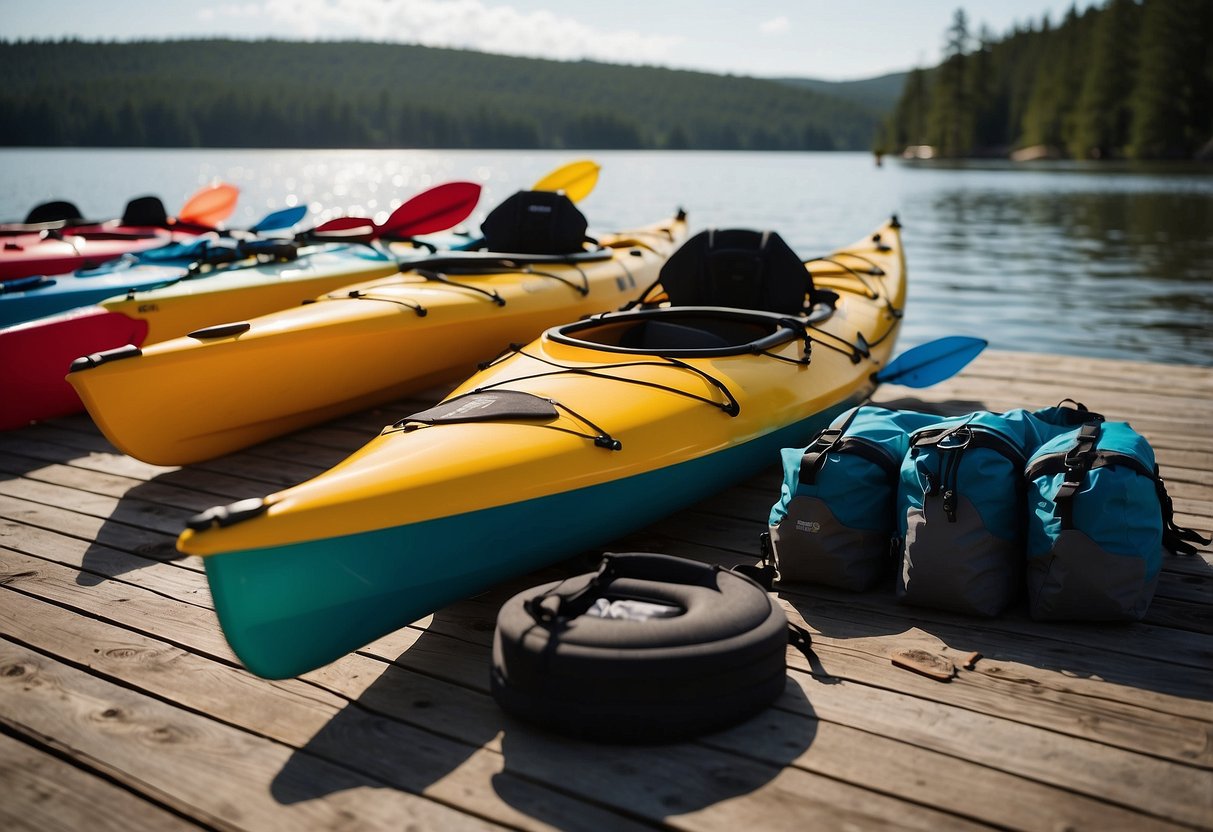 A kayak sits on a dock, surrounded by neatly organized gear. Paddles, life jackets, and dry bags are laid out, ready to be packed efficiently for a paddling trip