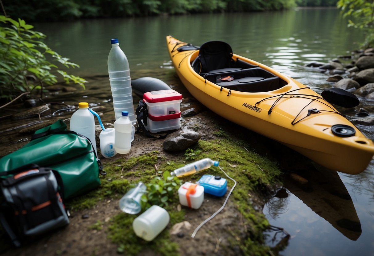 A kayak loaded with gear, including a dry bag, water bottle, and first aid kit, sits on a calm riverbank surrounded by lush greenery