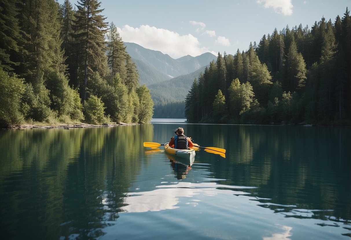 A calm lake with a kayak floating on the water, surrounded by lush green trees and a clear blue sky. The kayak is equipped with lightweight, quick-drying paddling apparel