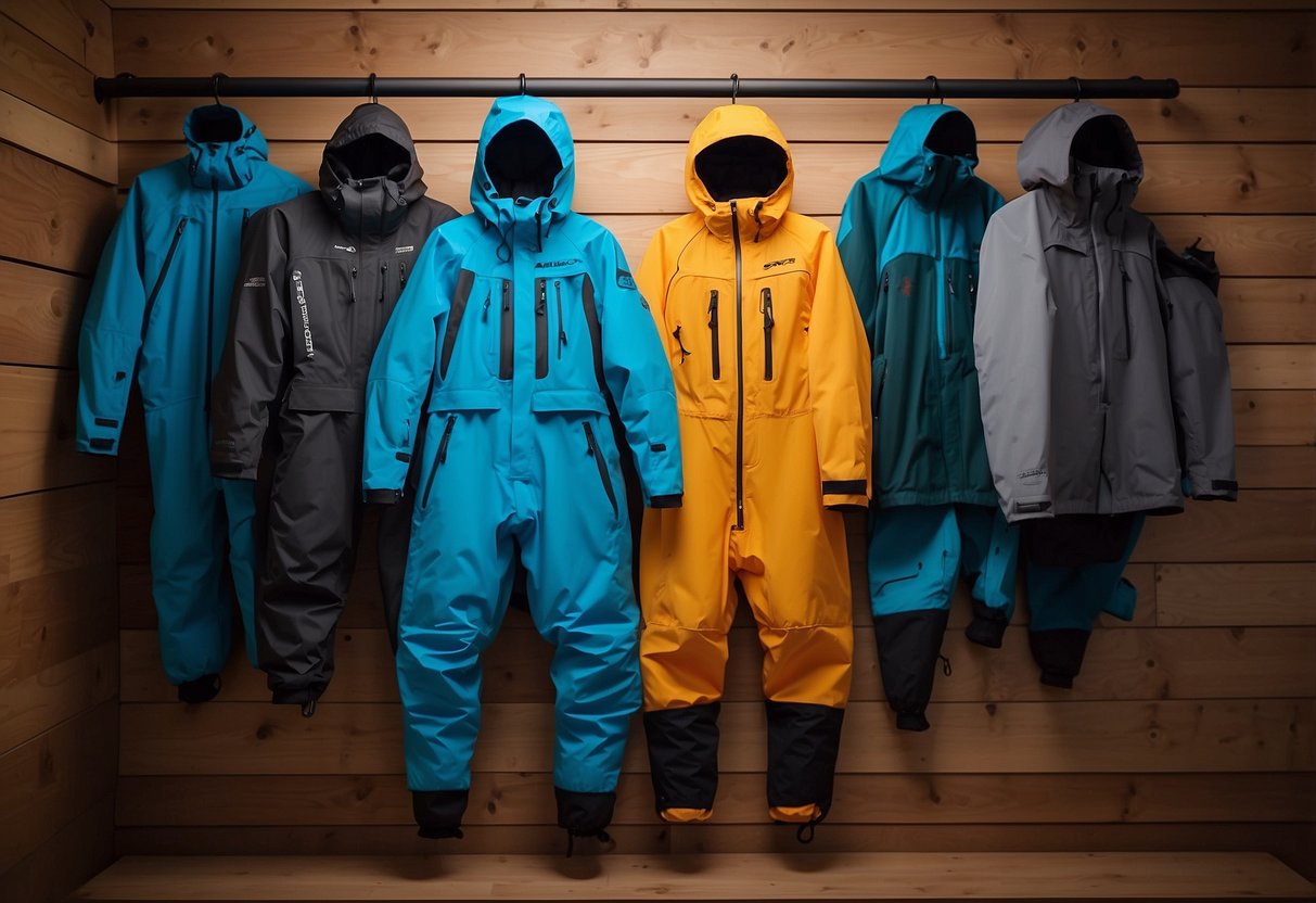 A bright blue Kokatat Gore-Tex paddling suit hangs on a wooden hanger, surrounded by other lightweight paddling apparel