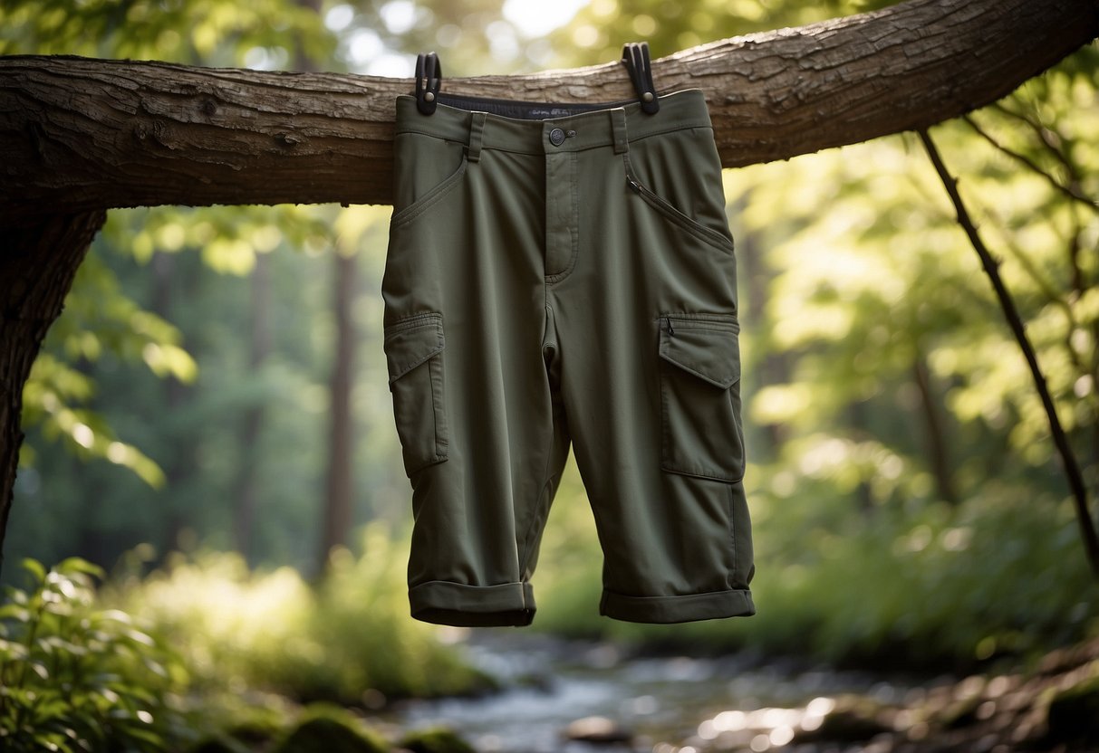 A pair of Outdoor Research Ferrosi Pants hang from a tree branch, surrounded by lightweight paddling apparel. The sun shines through the trees, casting dappled shadows on the vibrant colors of the clothing