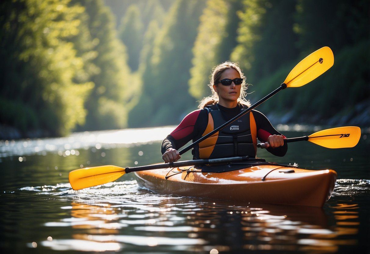 A kayaker glides through calm waters, wearing lightweight, quick-drying paddling apparel. The sun shines overhead, highlighting the importance of comfortable and breathable clothing for a smooth and enjoyable paddling experience