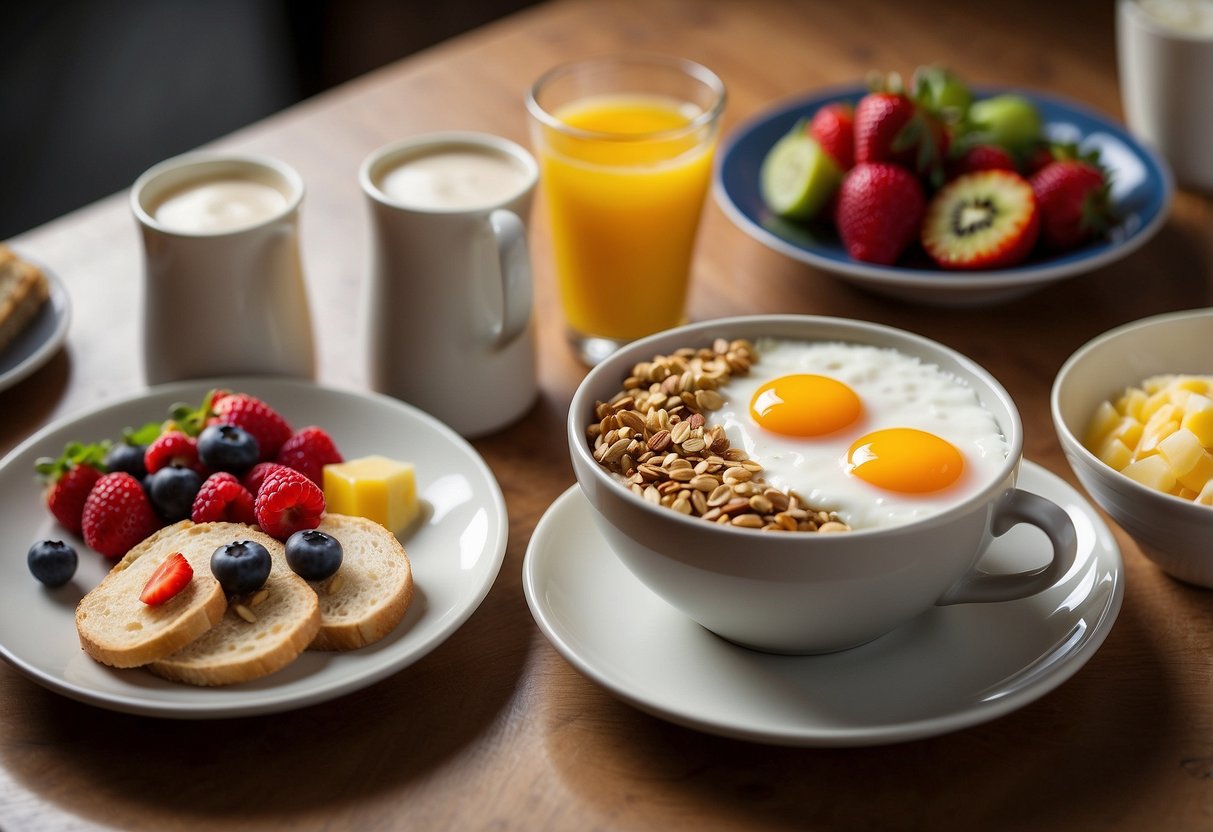 A table set with a variety of breakfast foods, including fruits, yogurt, granola, eggs, and toast. A steaming cup of coffee or tea sits next to a plate of colorful, nutritious options