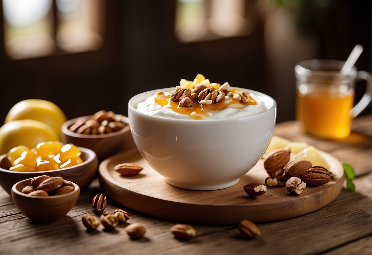 A bowl of Greek yogurt topped with honey and nuts sits on a wooden table, surrounded by a spread of fresh fruit and a cup of hot coffee