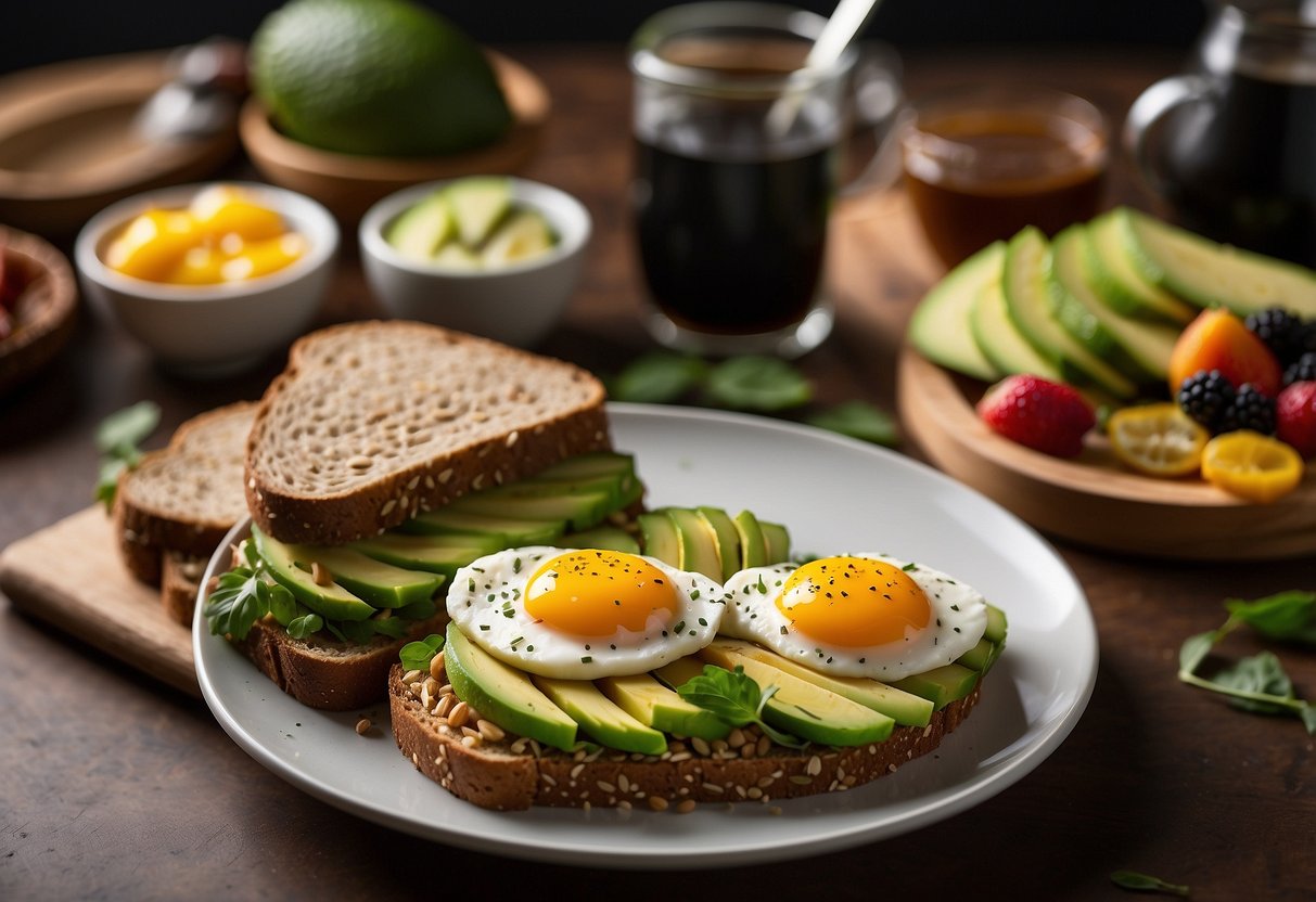 A plate holds avocado toast on sprouted grain bread, surrounded by various breakfast items