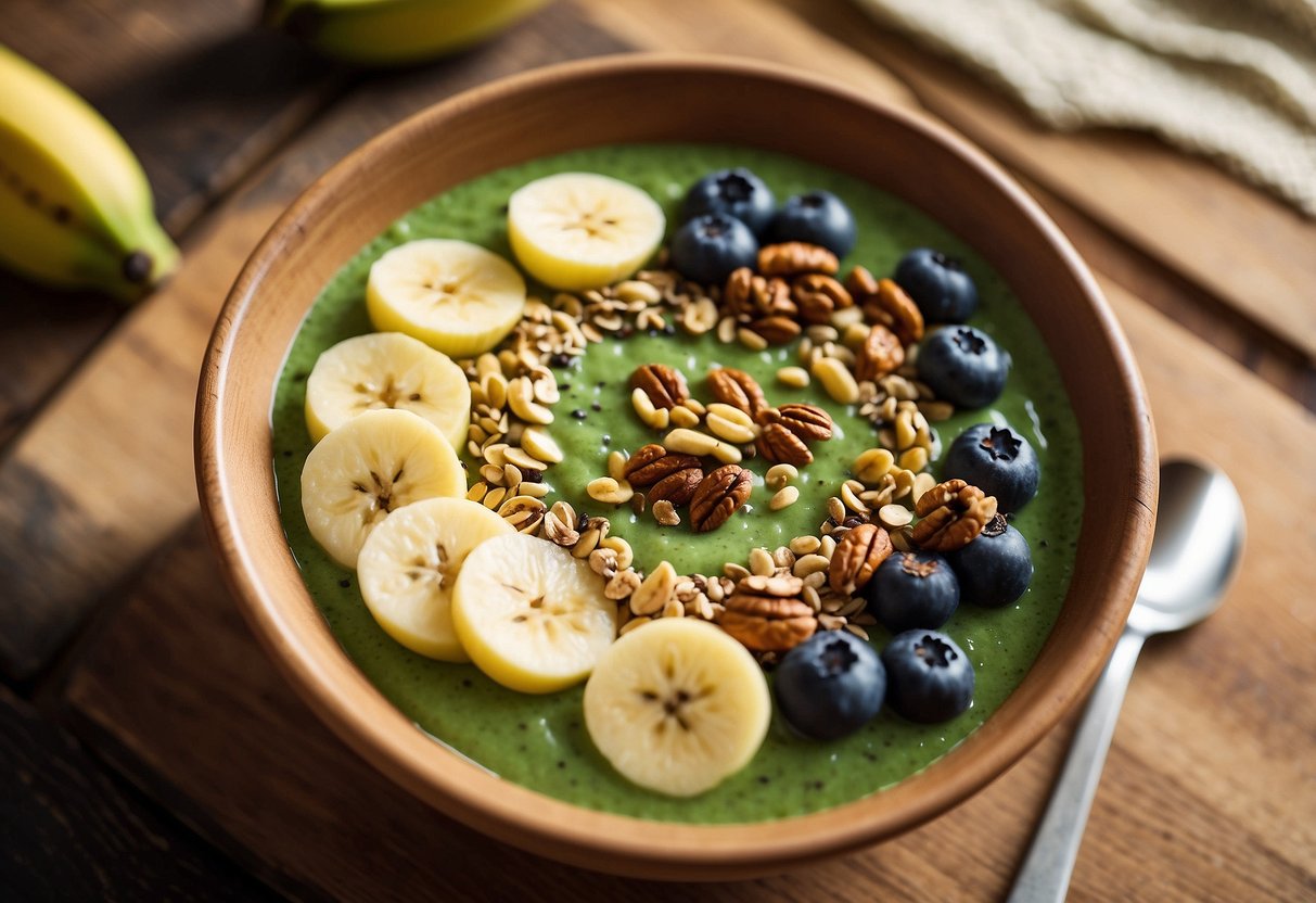 A vibrant green smoothie bowl sits on a wooden table, topped with sliced bananas, granola, and chia seeds. Sunlight streams in from a nearby window, casting a warm glow over the nutritious breakfast