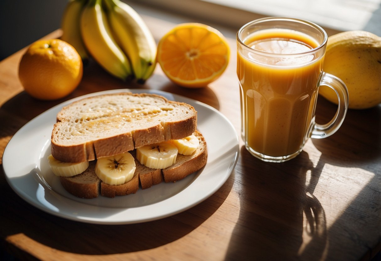 A peanut butter and banana sandwich sits on a plate next to a glass of orange juice and a bunch of ripe bananas. The morning sunlight streams through the window, casting a warm glow on the breakfast spread