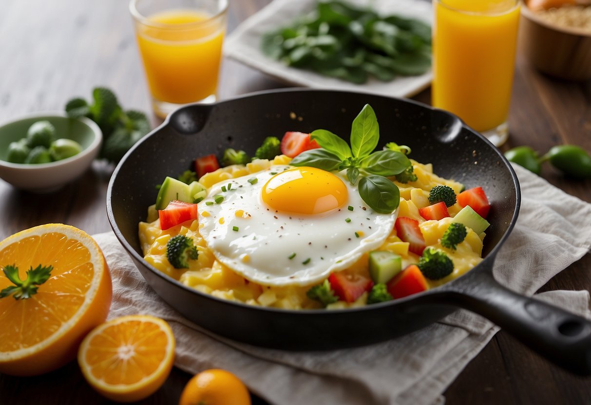 An egg white omelette sizzling in a non-stick pan with colorful diced veggies being sprinkled on top. A plate of fresh fruit and a glass of orange juice sit nearby