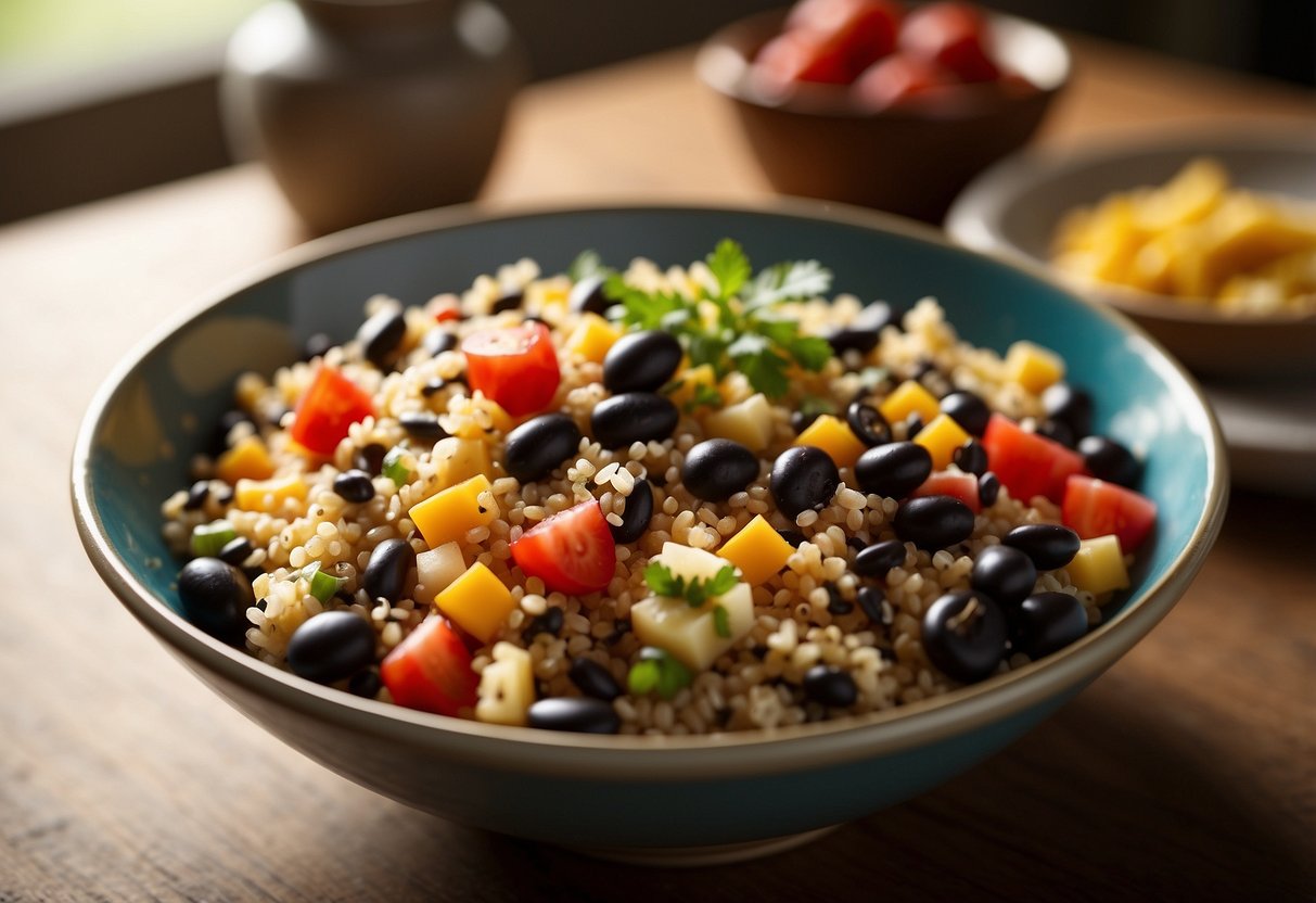 A colorful bowl filled with quinoa, black beans, and various toppings sits on a table. The morning sunlight streams through a nearby window, casting a warm glow on the nutritious breakfast