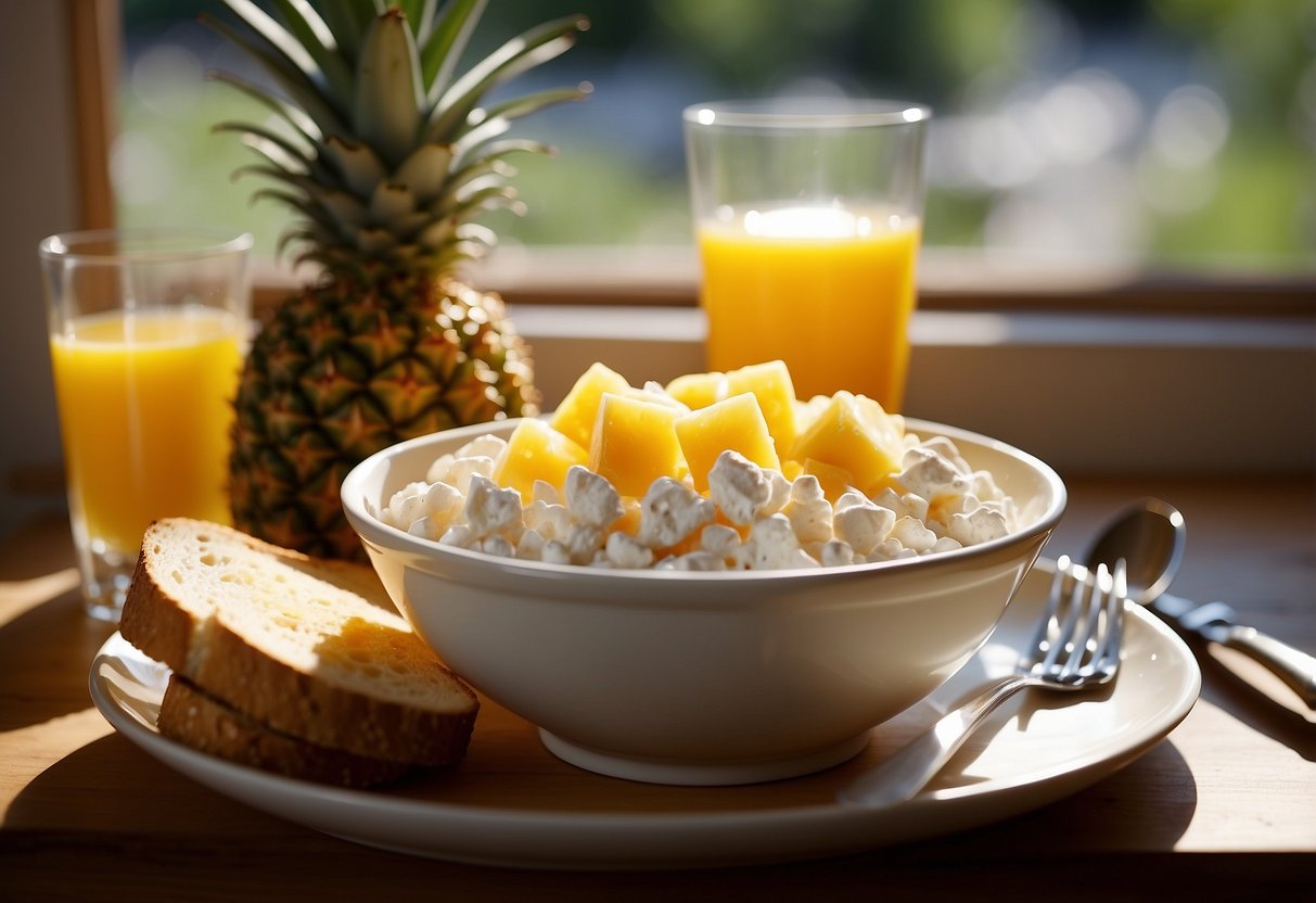 A bowl of cottage cheese with pineapple chunks sits on a wooden table, surrounded by a glass of orange juice and a plate of whole grain toast. Sunlight streams in through a nearby window, casting a warm glow over the scene