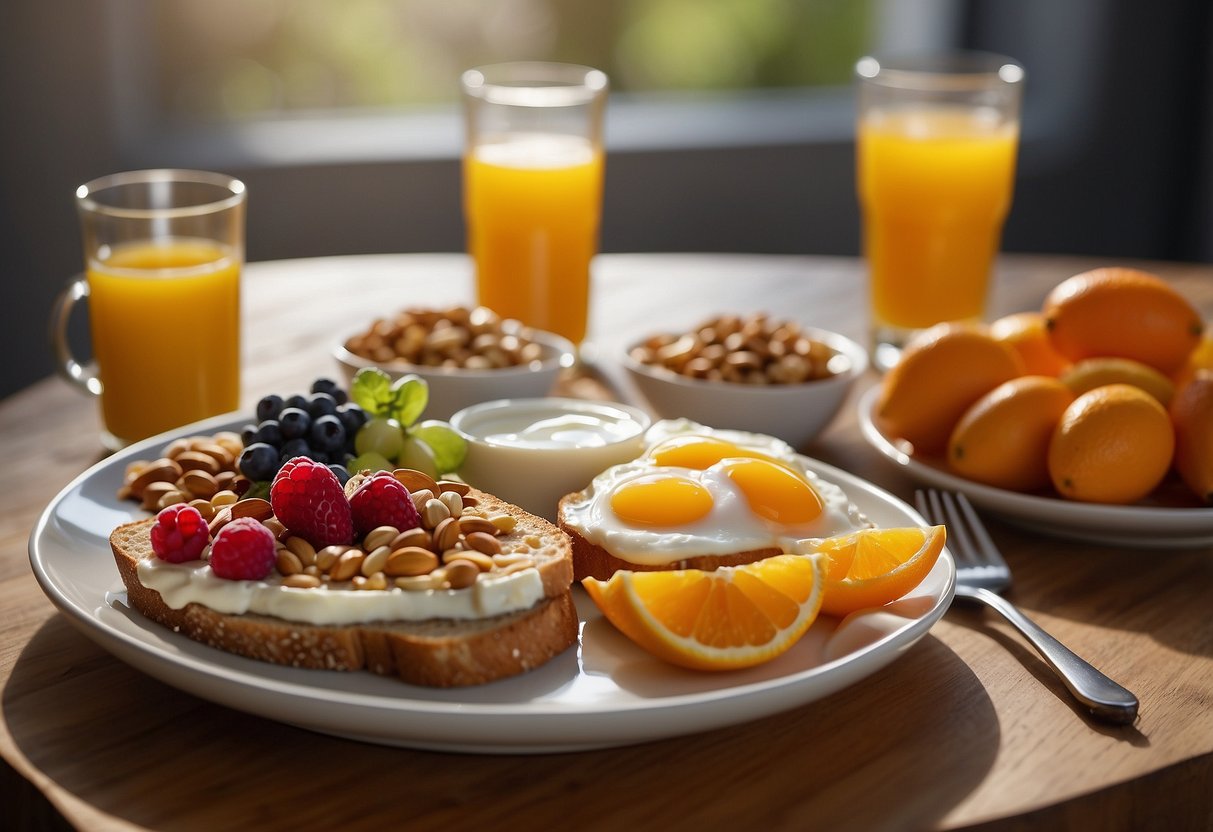 A table set with a variety of energizing breakfast foods: whole grain toast, eggs, yogurt, fruit, nuts, and a glass of orange juice