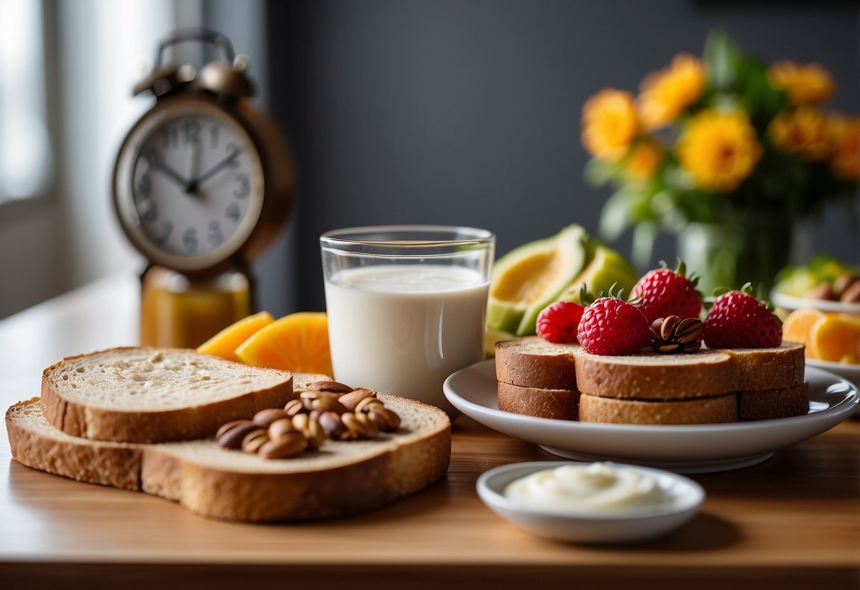 A table set with a variety of healthy breakfast options, including fruits, yogurt, whole grain toast, and nuts. A clock on the wall shows the time, indicating the importance of timing for pre-trip meals